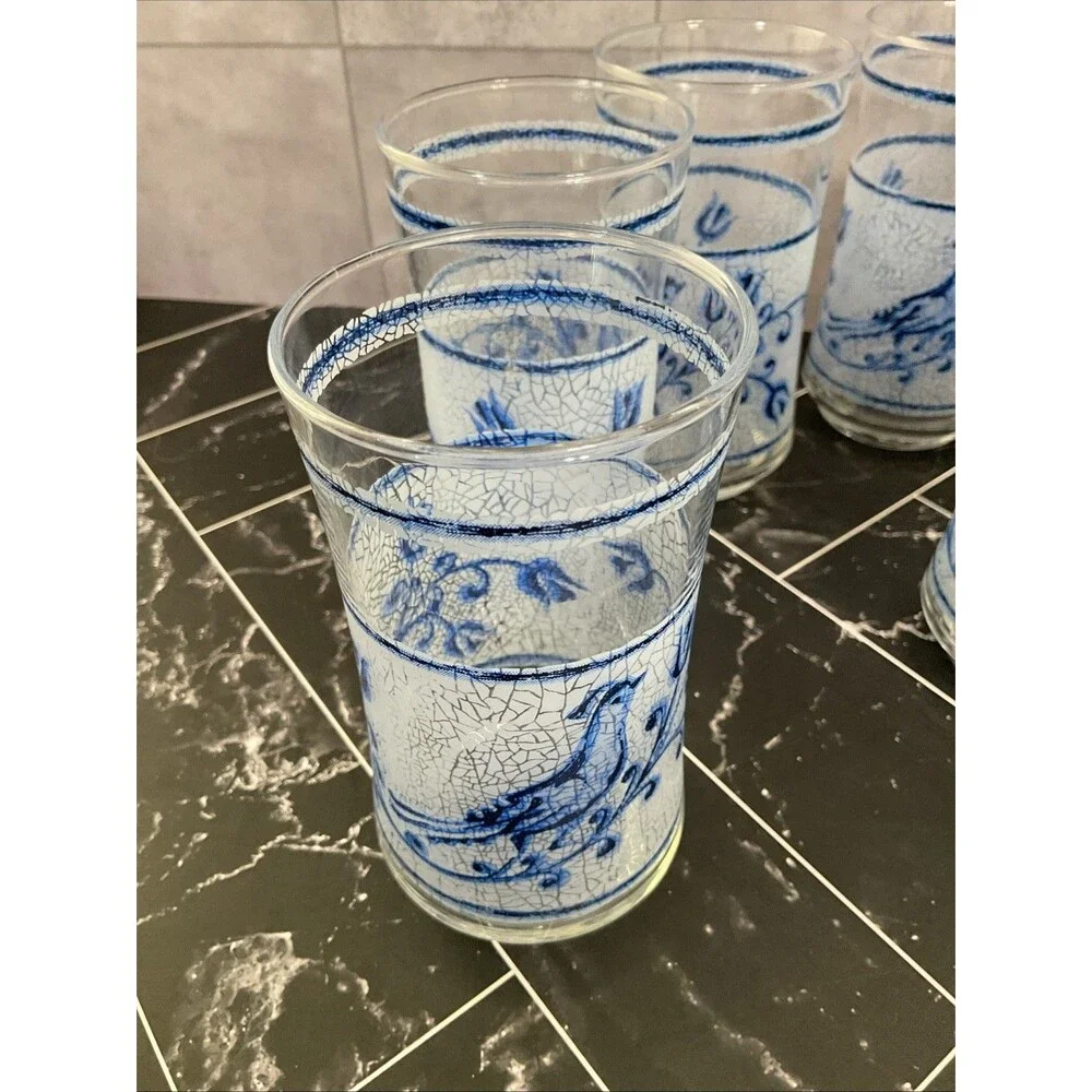 Libbey 10 oz glasses Frosted Blue bird and flower 5.25” X 2.50” Set of 11